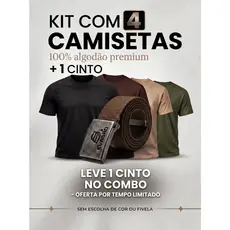Kit 4 Camisetas + 1 Cinto de Fivela Masculina 100% Algodão Básica Gola Redonda Cores Lisa Camisa Com Reforço De Costura