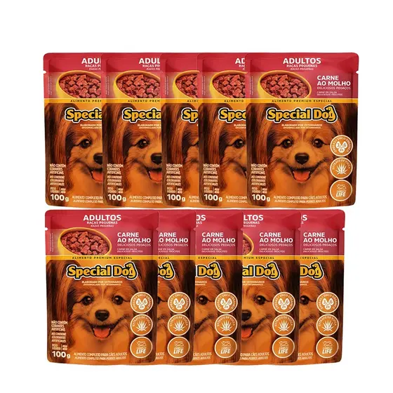 Kit 10 Ração Special Dog Sachê Cães Raças Pequenas Carne - 100g