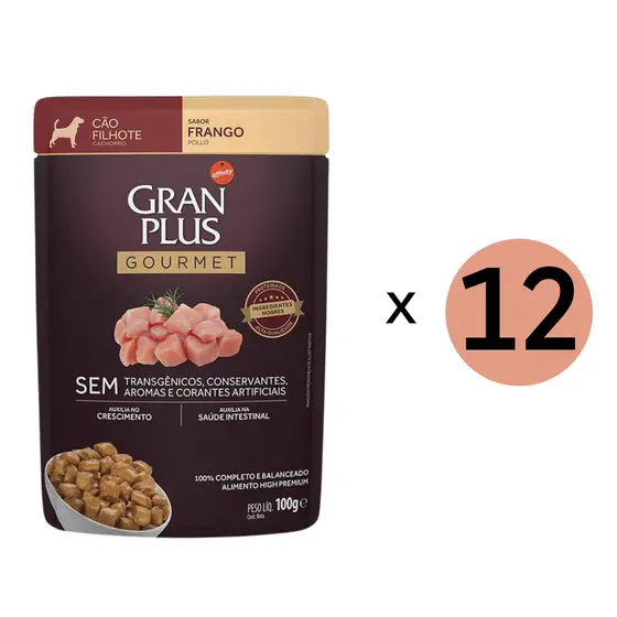 Kit 12 Ração Úmida Gran Plus Gourmet Cães Filhotes Frango Sachê 100Gr
