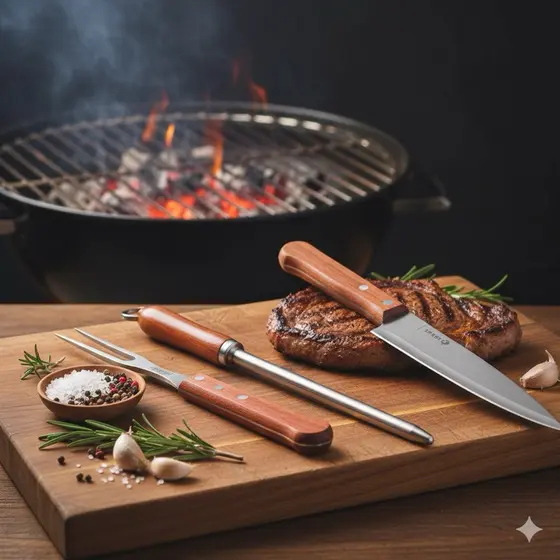 Kit Churrasco 3 Peças com Faca Garfo Chaira Inox Cabo Madeira imperdível