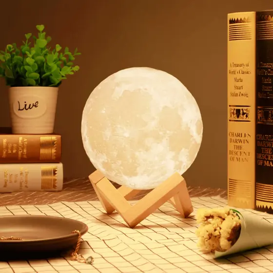 Luminaria Lua Cheia 3D de Mesa com Suporte Led Sem Fio Decoração