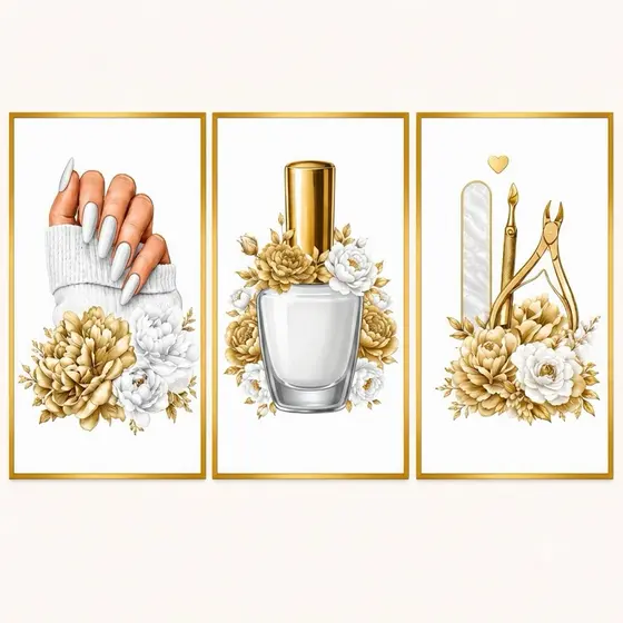 Quadros Decorativos Manicure Branco e Dourado MDF Sem Moldura