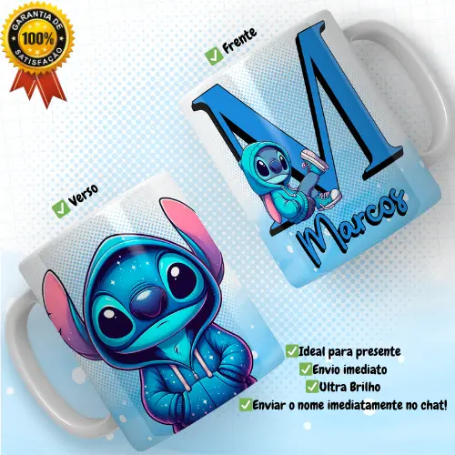 Caneca Stitch Com Seu Nome Personalizado Xícara Lilo e Stitch Copo Presente
