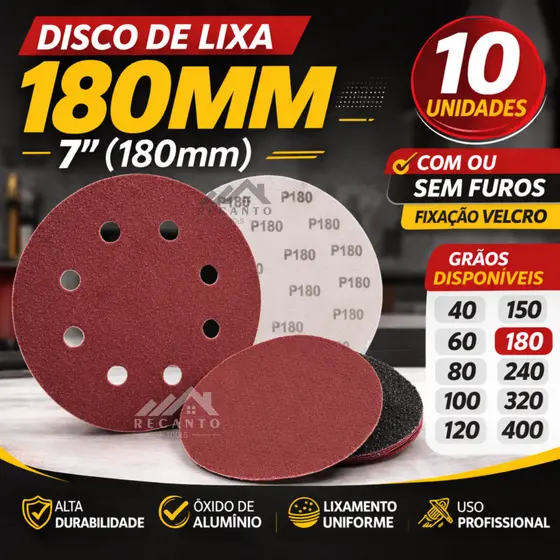 Kit Disco de Lixa 180mm 7" com Velcro – Com e Sem Furos | Pacote com 10 Unidades
