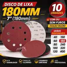 Kit Disco de Lixa 180mm 7" com Velcro – Com e Sem Furos | Pacote com 10 Unidades