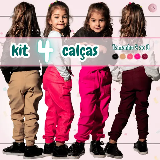 KIT 4 Calça Menina Infantil Jogger Feminina Bengaline Elasticos Tecido Conforto Leve Lisa Criança