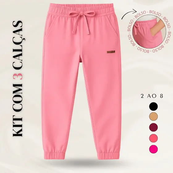 KIT 3 Calça Feminina Moda Frio Escola Passseio Elastico Bolso Menina Bengaline Conforto Jogger 2 a 8