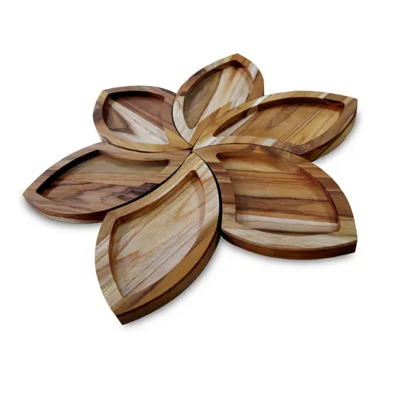 Petisqueira de Madeira Formato Flor Pétalas e Círculo Para Servir Petiscos Churrasco Mesa Posta