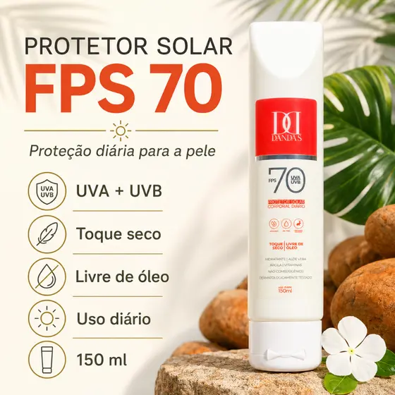 ANTISSINAIS Protetor Solar Dandas Fps 70, Toque seco, ROSTO E CORPO, VEGANO, CLAREADOR -150ML