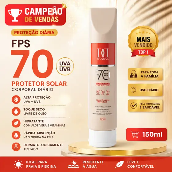 Protetor Solar FPS 70 Danda’s 150ml Não Oleoso Toque Seco Proteção Máxima UVA UVB Resistente Água