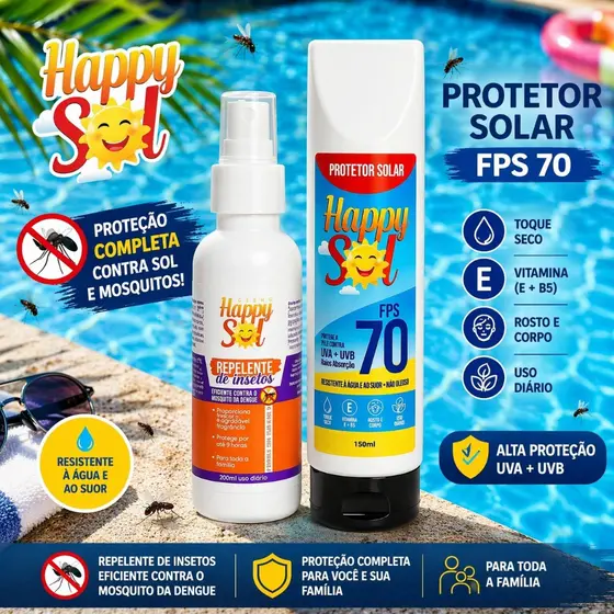 Protetor Solar HP 70FPS 150ml TOQUE SECO + Spray Repelente de insetos Happy Sol – 120ml