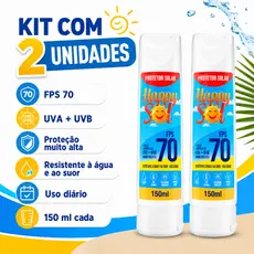 KIT 2 PROTETORES SOLAR FPS 70 HAPPY SOL 150ML | UVA+UVB | TOQUE SECO | RESISTENTE À ÁGUA