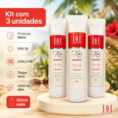 kit 3 Antissinais, Protetor solar 70FPS DANDAS, 150 ml -Toque Seco ROSTO E CORPO VEGANO UVA/UVB