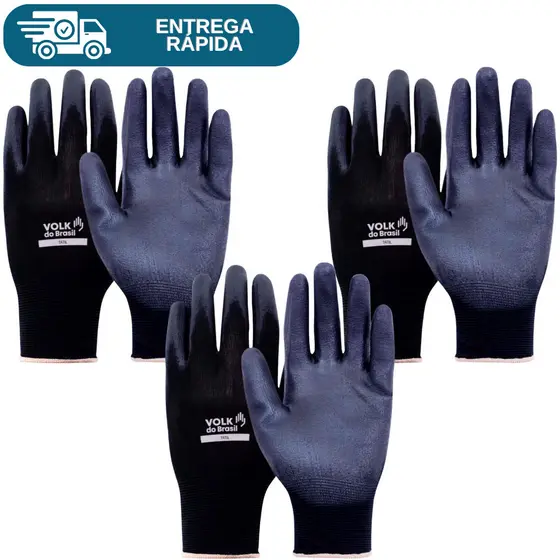 Kit 3 Prs Luva De Segurança Multitato Tatil Tato Poliamida Com Banho PU Antiestática Mecânico Pedreiro Serviços Gerais