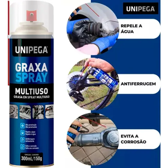 Graxa Spray Lubrificante Multiuso 300ml Unipega Rolamento Bicicleta Moto  Trilho Engrenagem Eixo