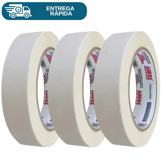 Kit 3 Fita Crepe Uso Geral Adesiva Branca 50 Metros Adere 423 Marcação Artes Paredes 18mm 24mm 48mm