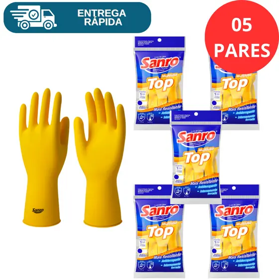 Kit 5 Prs Luva De Latex Natural Grossa Reforçada Sanro Top Multiuso Limpeza Lavar Louça Proteção Epi
