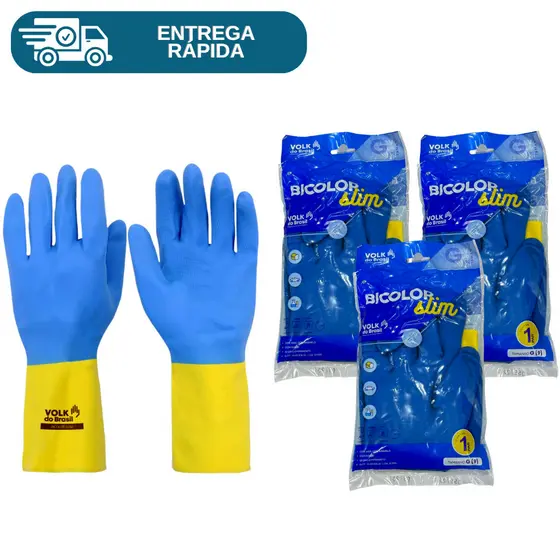 Kit 3 Prs Luva De Látex Neoprene Bicolor Slim Proteção Química Limpeza Multiuso Azul e Amarela Segurança Epi Volk
