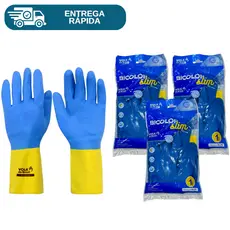 Kit 3 Prs Luva De Látex Neoprene Bicolor Slim Proteção Química Limpeza Multiuso Azul e Amarela Segurança Epi Volk