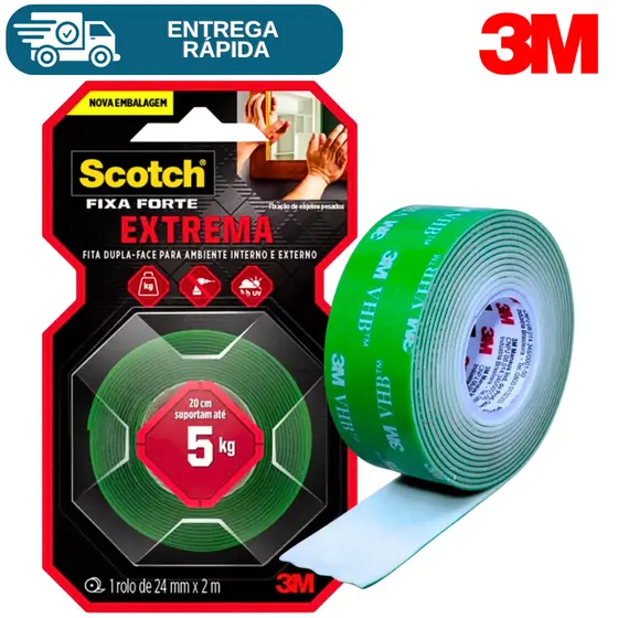 Fita Dupla Face 3M Fixa Forte 24mm X 2m Extrema Para Parede Fixa Quadro Espelho Chave 5kg Scoth