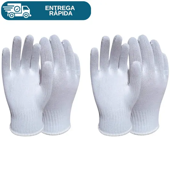 Kit 2 Prs Luva Tricotada Malha Helanca Poliamida Branca De Proteção Lisa P/ Pedreiro Manutenção Epi