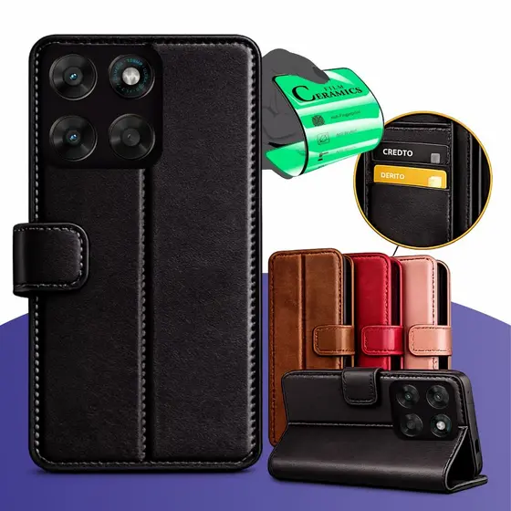 Capa Capinha Carteira Flip Porta Cartões + Película Para Motorola G56