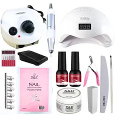 Kit Alongamento Unha Gel Cabine Sun 5, Lixadeira Motor Porquinho, Molde F1, Gel X&D, Top Coat e Primer