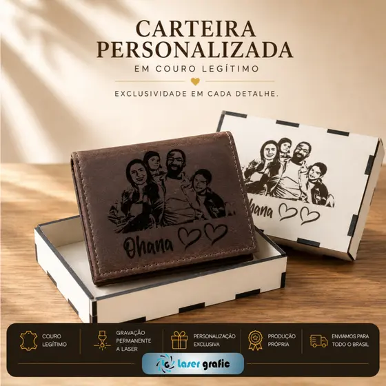 Carteira Personalizada em Couro Legítimo com Foto, Logo, nome ou Frase + Caixa MDF Personalizada