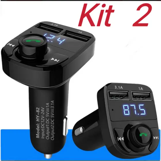Kit 2 Carregador de Carro Transmissor FM Bluetooth Rádio Mp3 para Carro