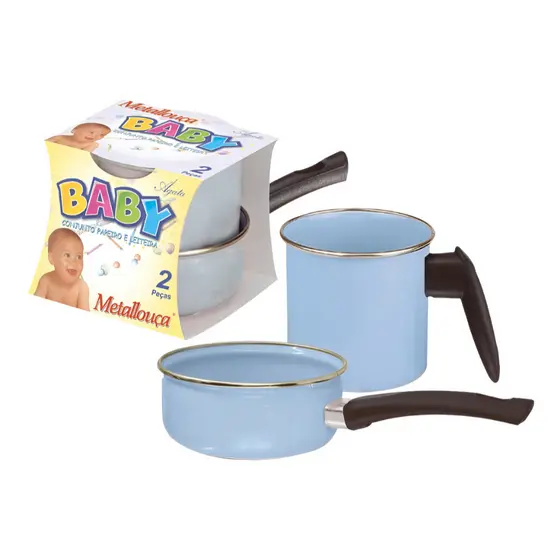 Conjunto Papeiro Leiteira Kids Esmaltado Metallouça Azul bebê