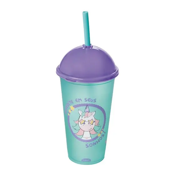 Copo Unicórnio com Canudo Shake 500 ml Infantil Plasútil