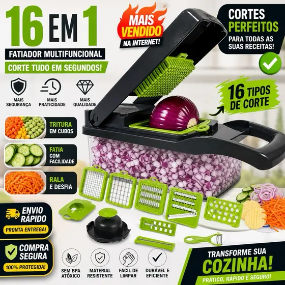 Fatiador de Legumes 16 em 1 Cortador Ralador Picador Multifuncional Cozinha com Lâminas Inox