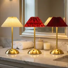 Luminária de Mesa LED Sem Fio Recarregável Base Dourada Cúpula Plissada Decorativa