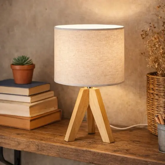 Abajur Luminária de Mesa LED USB Tripé Madeira Luz Quente 3000K Decorativa Quarto Sala Cabeceira Moderna