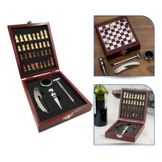 Kit Abridor De Vinho 4 Peças com Jogo de Xadrez Maleta