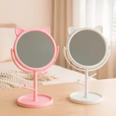 Espelho de Mesa Penteadeira Redondo Orelhinha de Gatinho/Urso com Base para Guardar Cosméticos Maquiagem Rotativo 360°