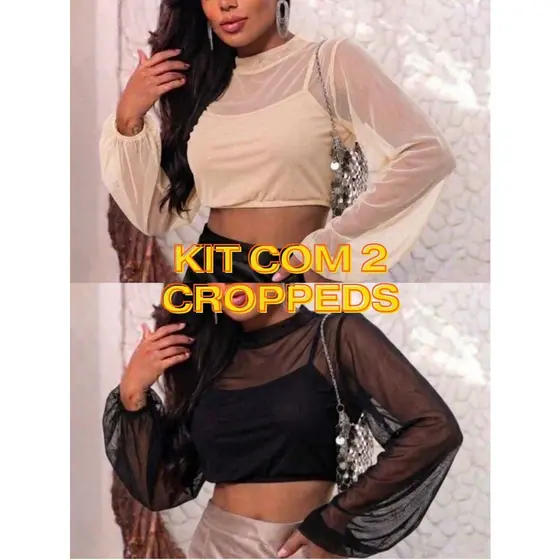 KIT COM 2 CROPPED DE TULE MANGA BUFANTE