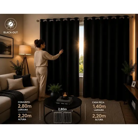 Cortina Blackout com ilhós 280x220cm - Preto Sala Quarto