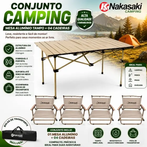 Conjunto Mesa Alumínio Tampo Camping + 04 Cadeiras E Mesa
