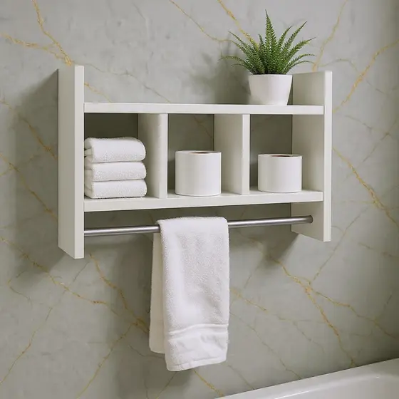 Nicho Porta Toalha e Papel 100% MDF BRANCO TX 15mm Tubo Metal (JÁ VEM MONTADO)