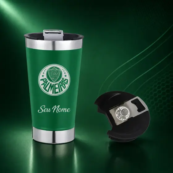 Copo Térmico Palmeiras Personalizado com Nome 473ml Aço Inoxidável Tampa Abridor Gravação Laser