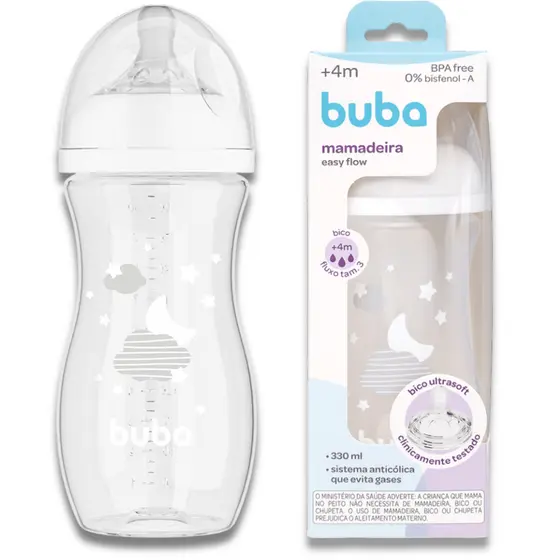 Buba Mamadeira Easy Flow Anticólica 270 330ml Bico Ultrasoft Tampa Antivazamento Fluxo 2/3 Branca