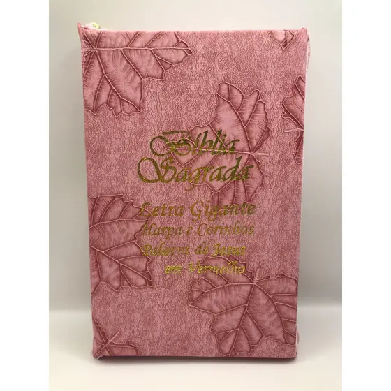 Bíblia Sagrada Tamanho Grande com Harpa Palavras de Jesus em Vermelho Zíper Capa Folha Rosa