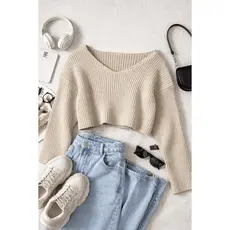 Suéter Cropped de Tricô Canelado Com Ombros Caídos, Blusas de Manga Longa Outono Inverno Frio