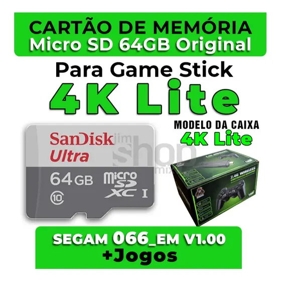Cartão MicroSD 64GB P/Game Stick 4K Lite +Sistema +jogos - Envio Imediato