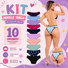 Kit 10 Calcinhas Feminina Tanga em Suplex e Microfibra Adulto Conforto