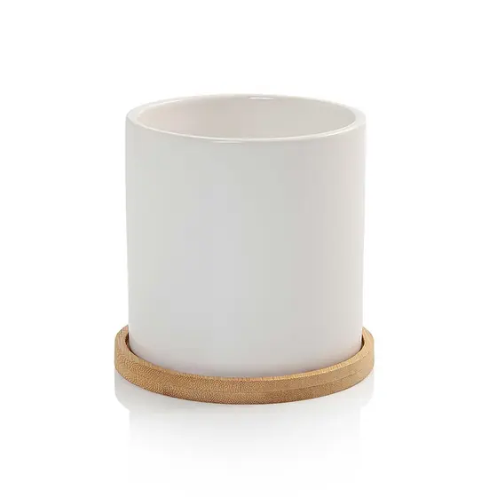 Vaso Cachepot com Prato de Bambu Branco Fosco P Cube Pozzani