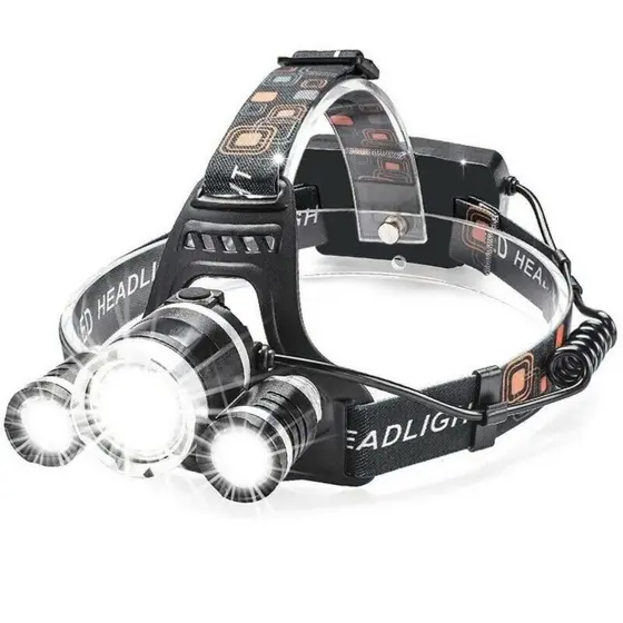 Lanterna de cabeça Camping, Trilha, Pesca, Escalada Recarregável 3 leds T6 CREE Potentes.