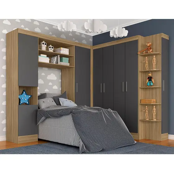 Guarda Roupa Modulado Sapateira Espaço para Cama Solteiro Andrea Boreal/Grafite - Móveis Arapongas