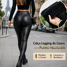 Calça Legging Couro Sintético Peluciada Cintura Alta Modeladora Inverno Feminina